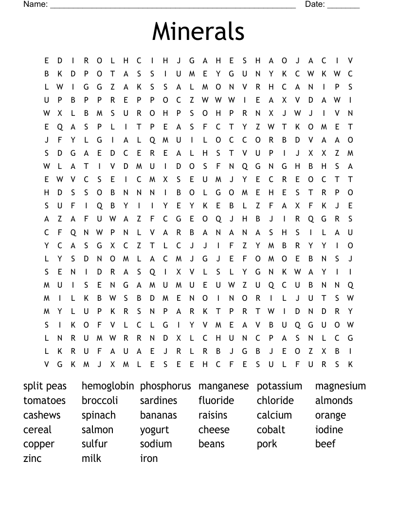 Minerals Word Search