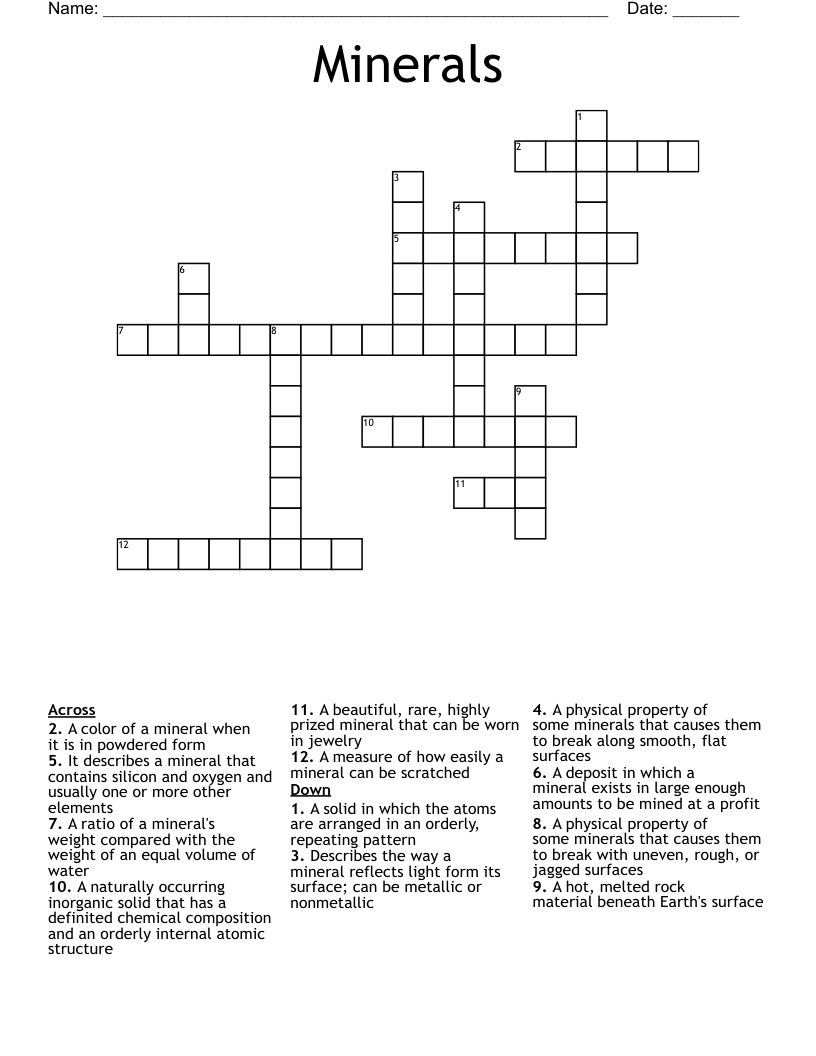 Minerals Crossword