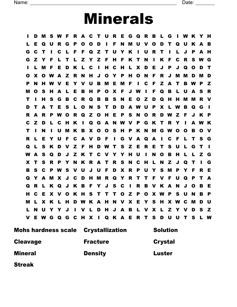 Minerals Word Search