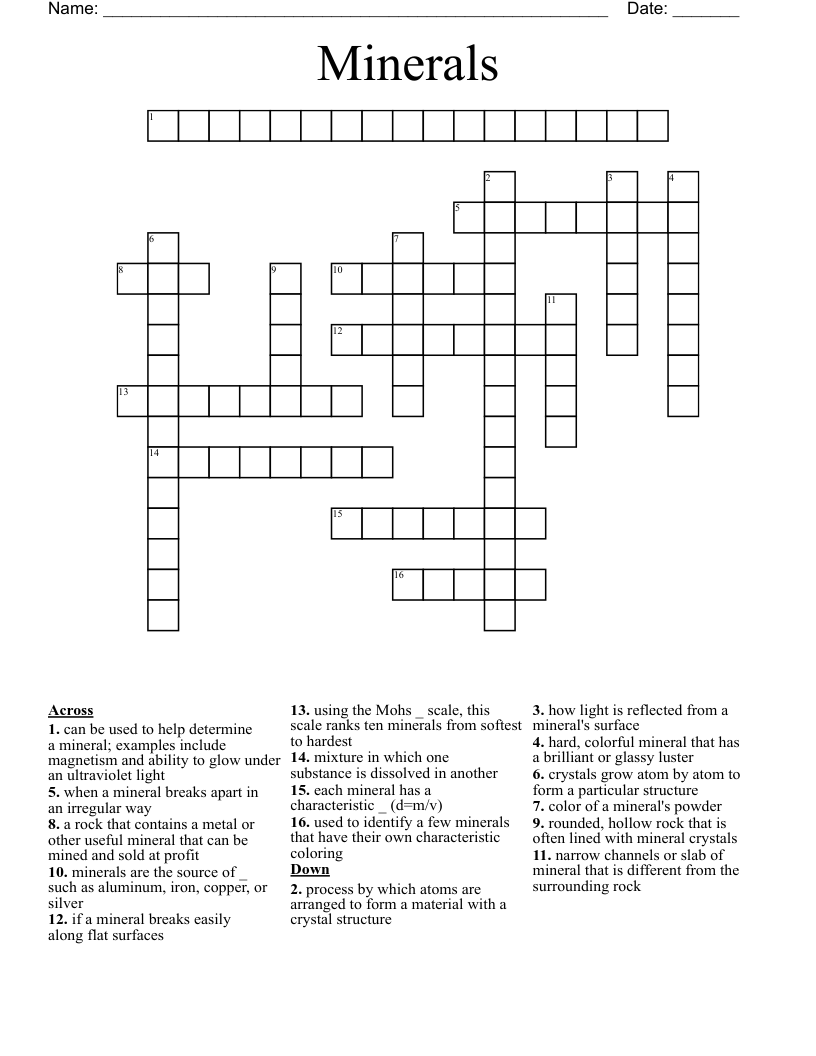 Minerals Crossword