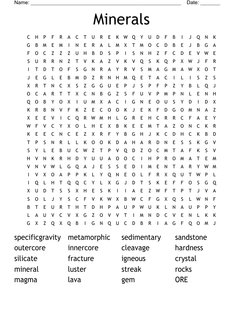 Minerals Word Search