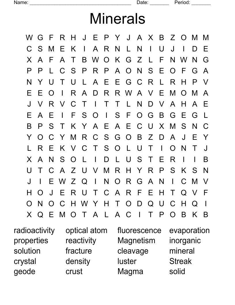 Minerals Word Search