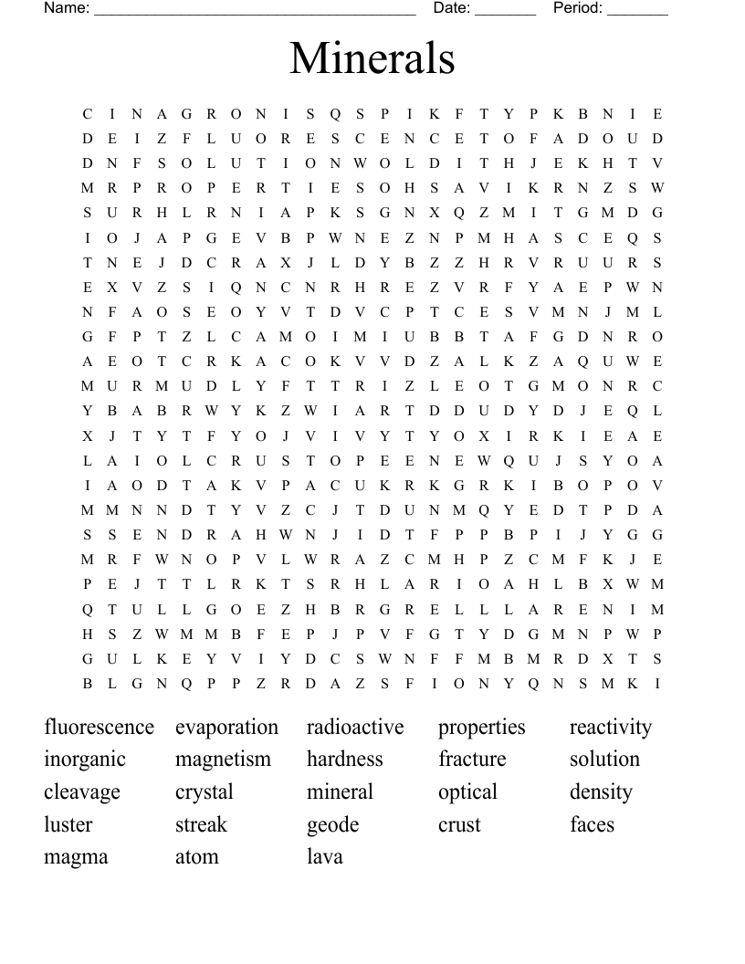 Minerals Word Search