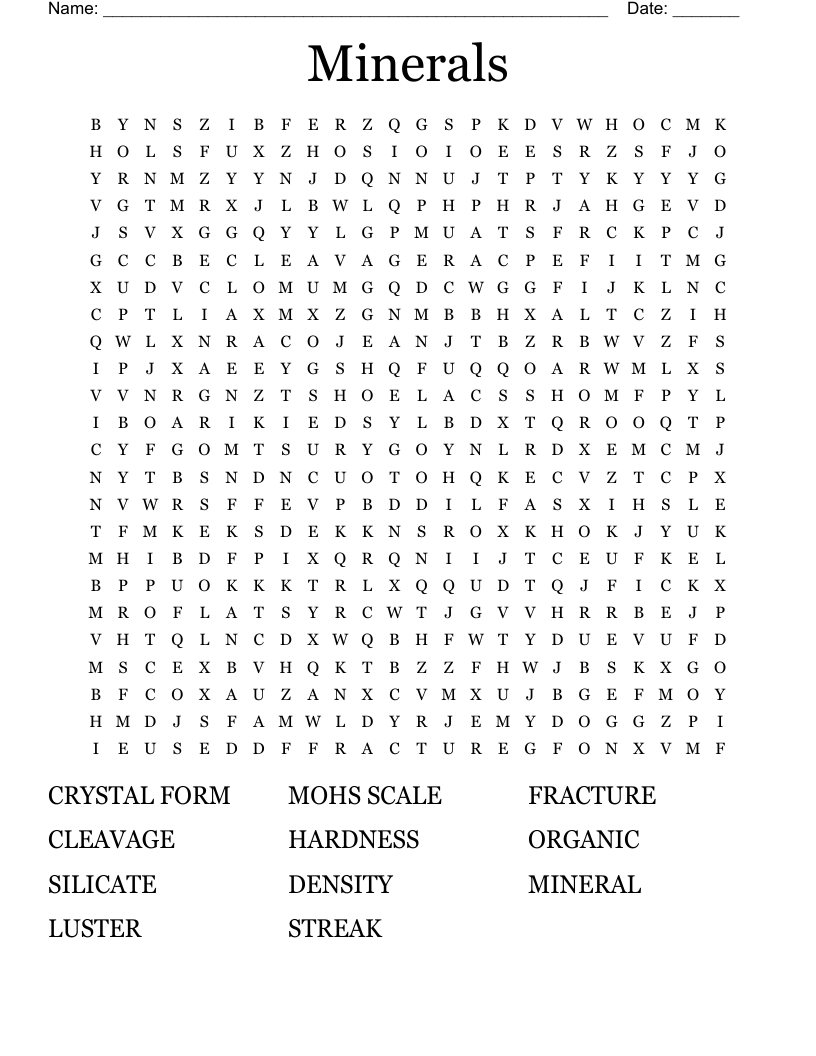 Minerals Word Search