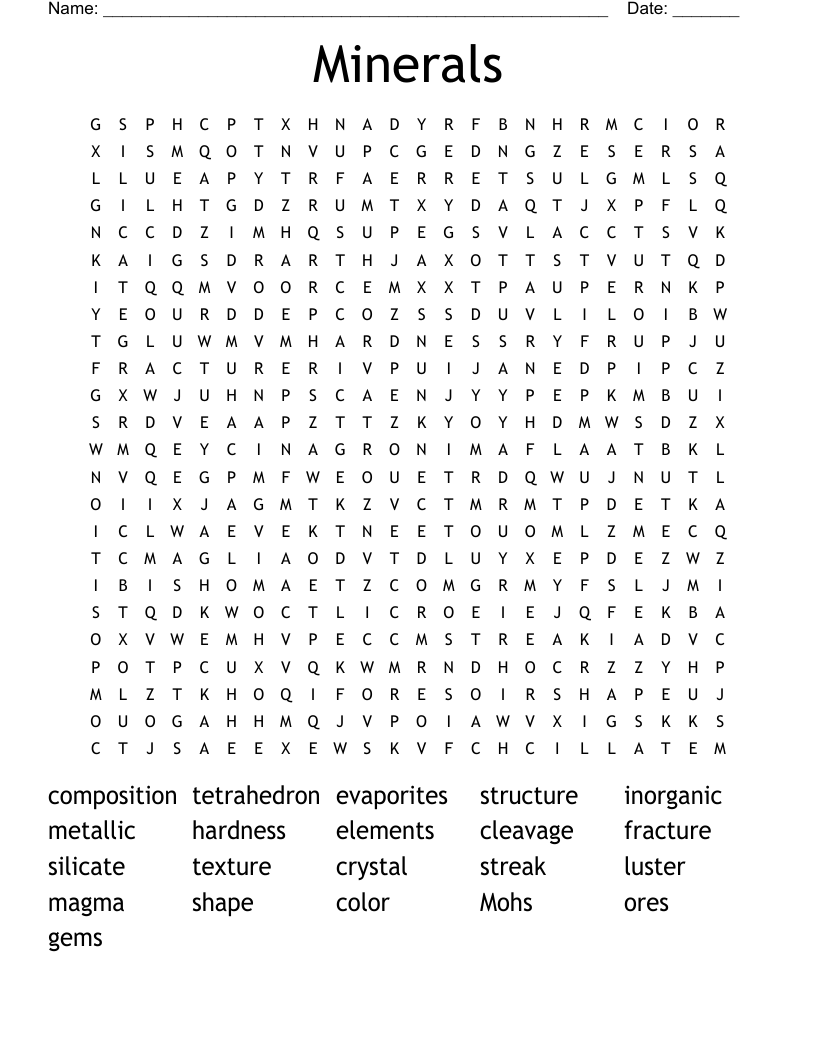 Minerals Word Search
