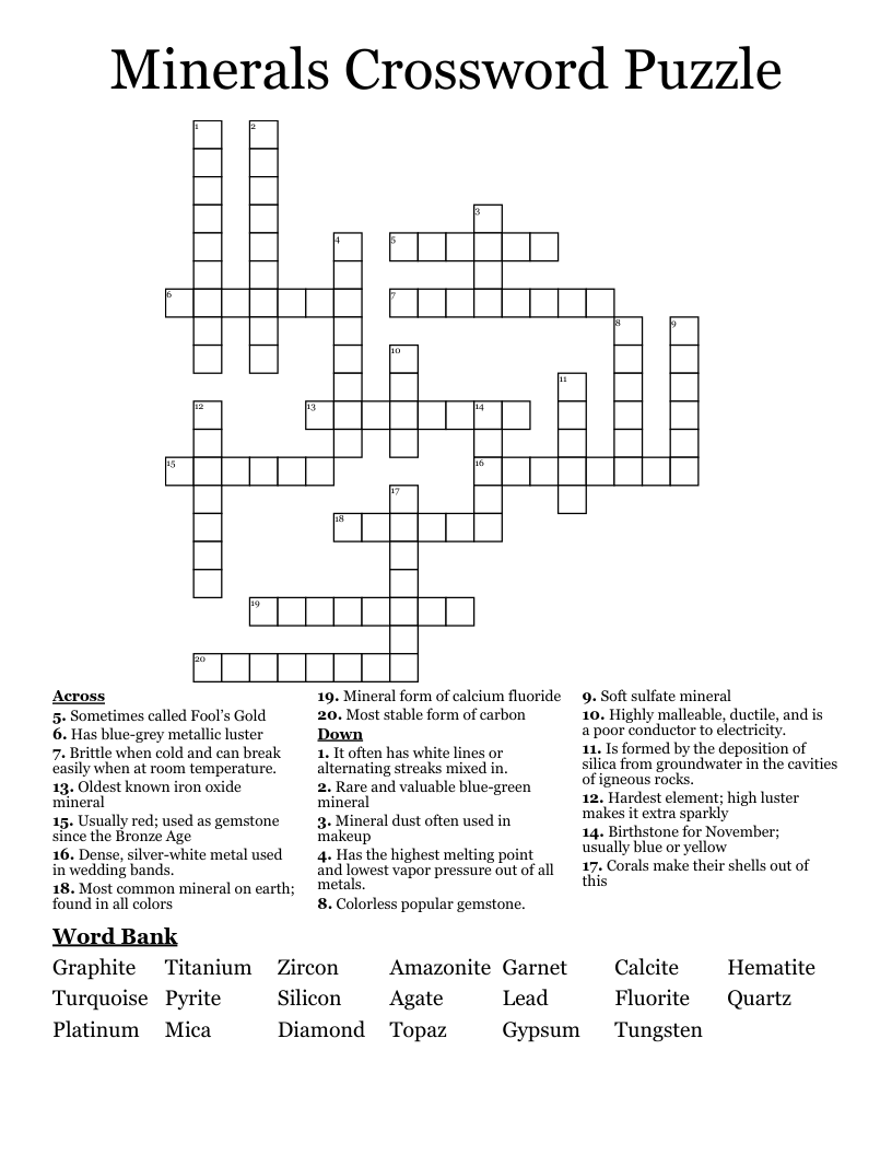 Minerals Crossword Puzzle