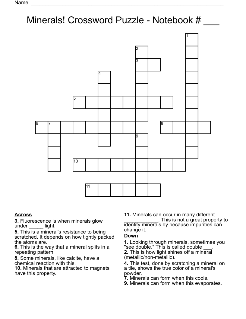 Minerals! Crossword Puzzle -  Notebook # ___