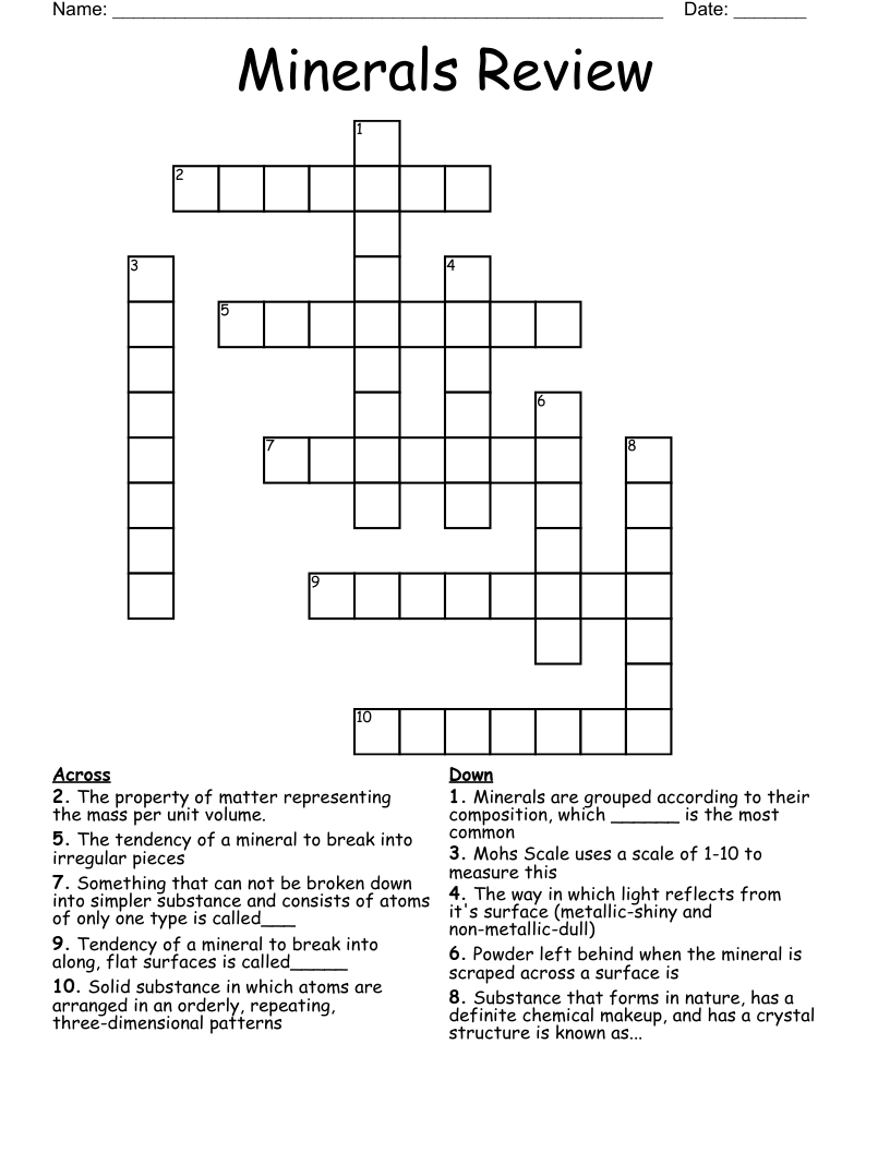 Minerals Review Crossword
