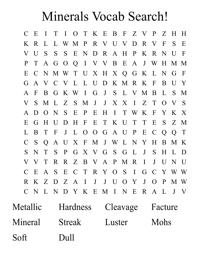 Minerals Vocab Search! Word Search