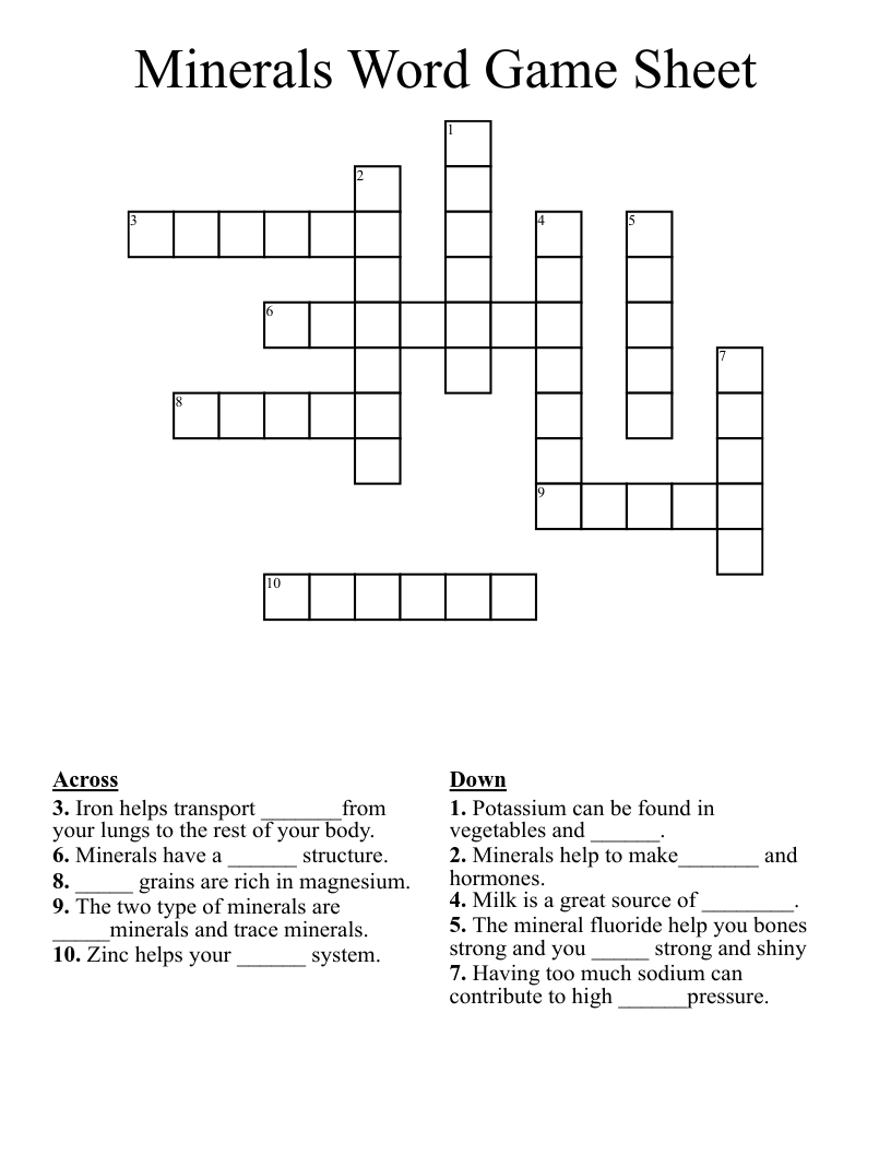 Minerals Word Game Sheet Crossword