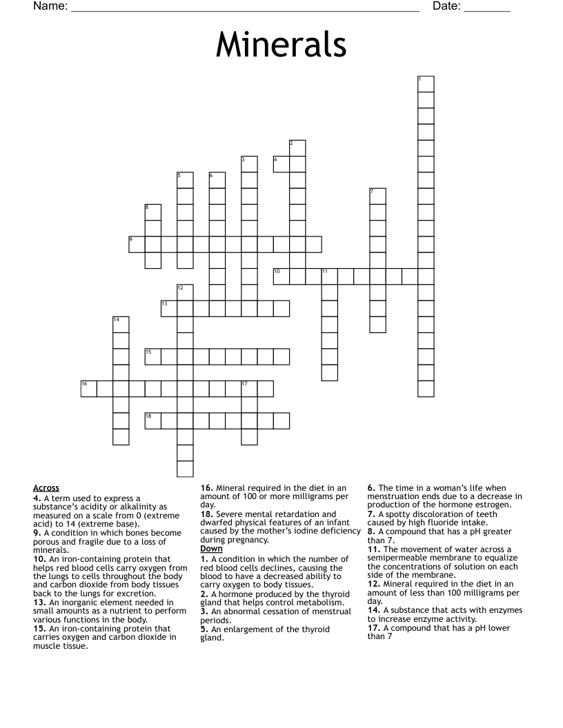 Minerals  Crossword