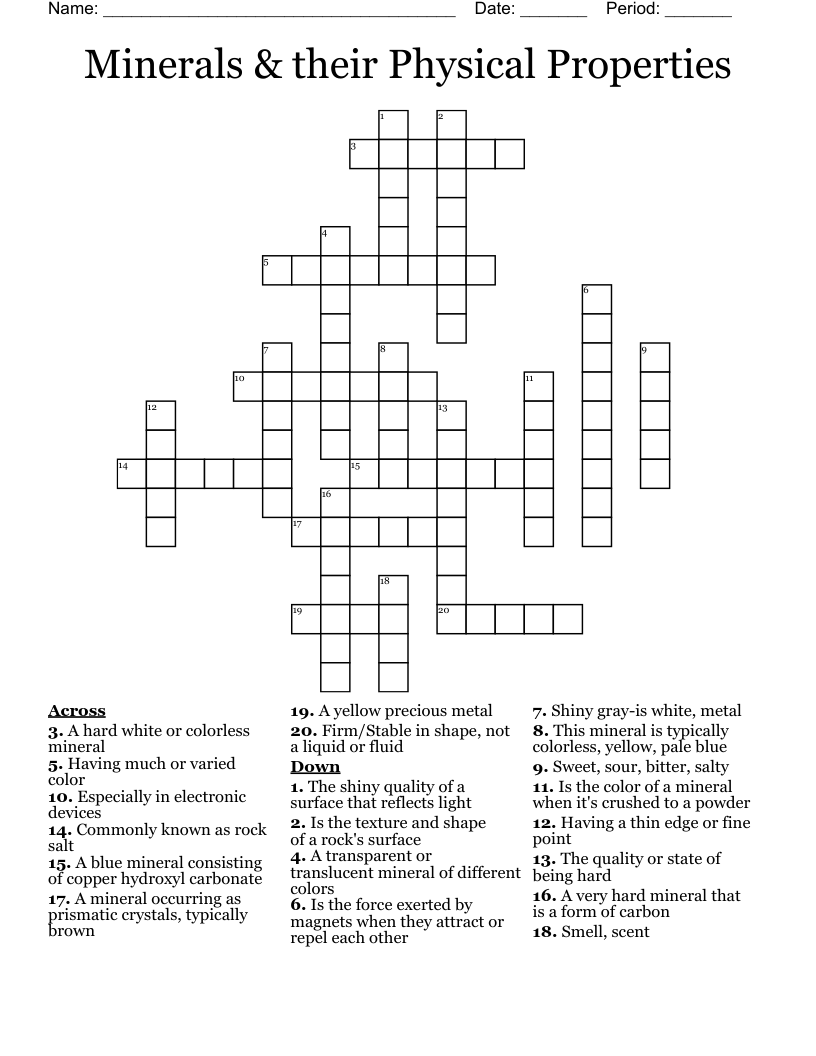 Minerals & their Physical Properties Crossword