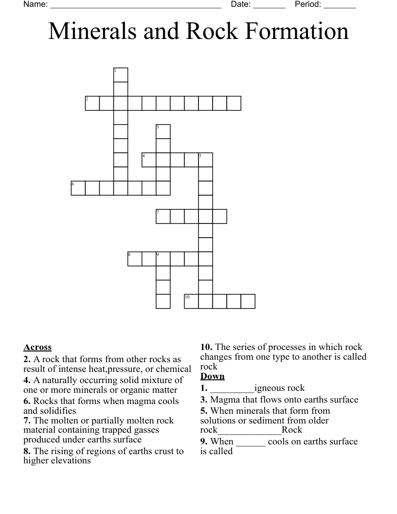 Minerals and Rock Formation  Crossword