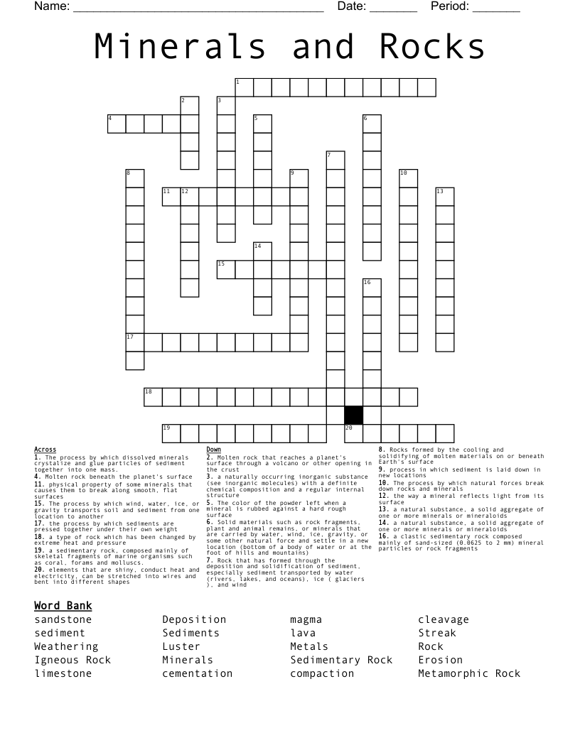 Minerals and Rocks Crossword