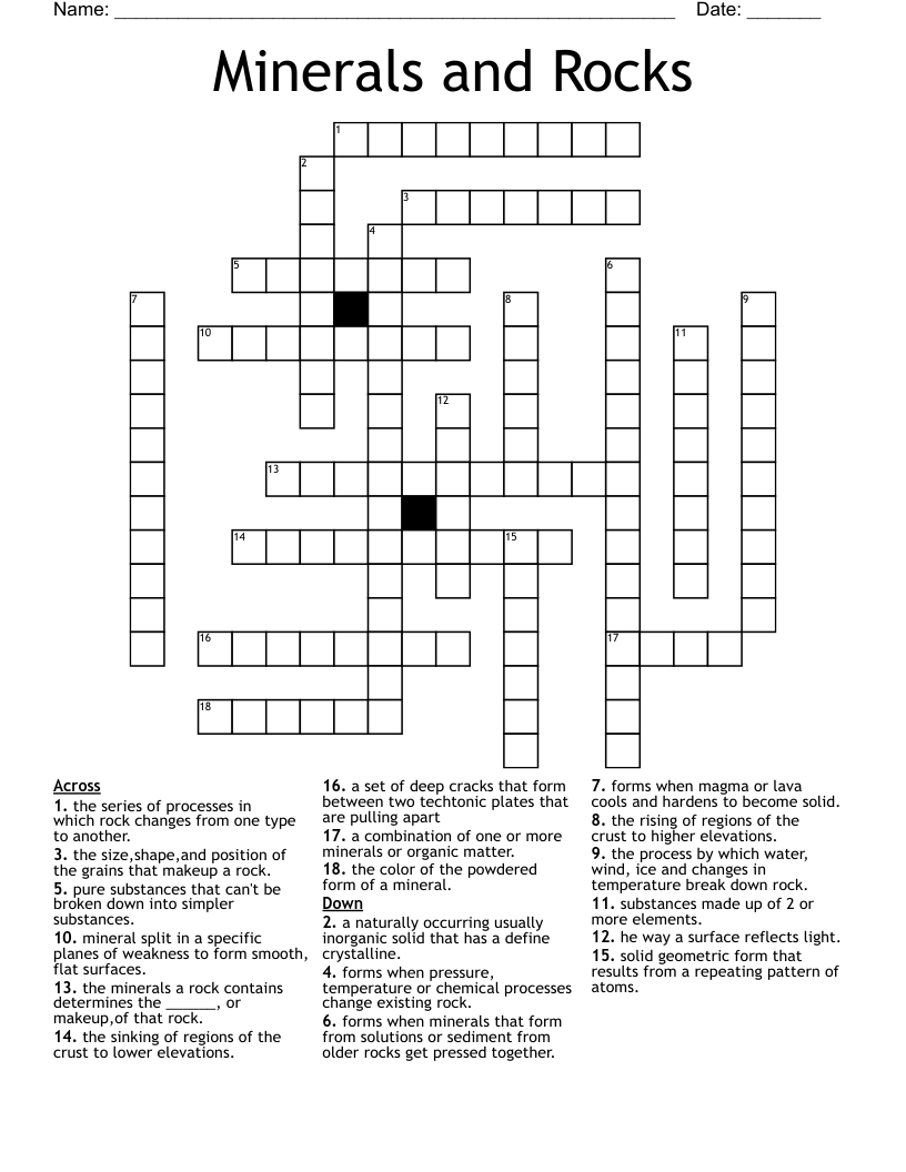 Minerals and Rocks Crossword