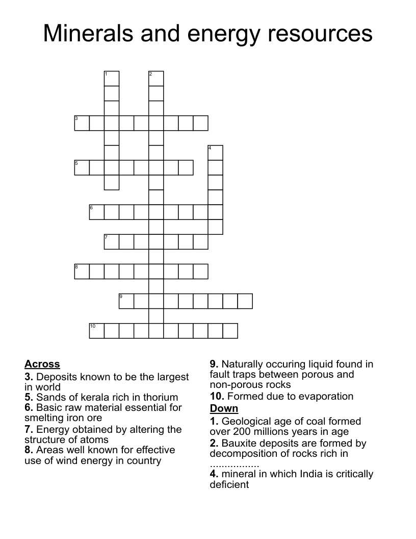 Minerals and energy resources Crossword