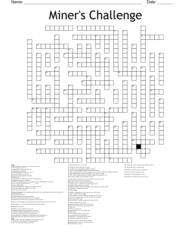 Miner's Challenge Crossword