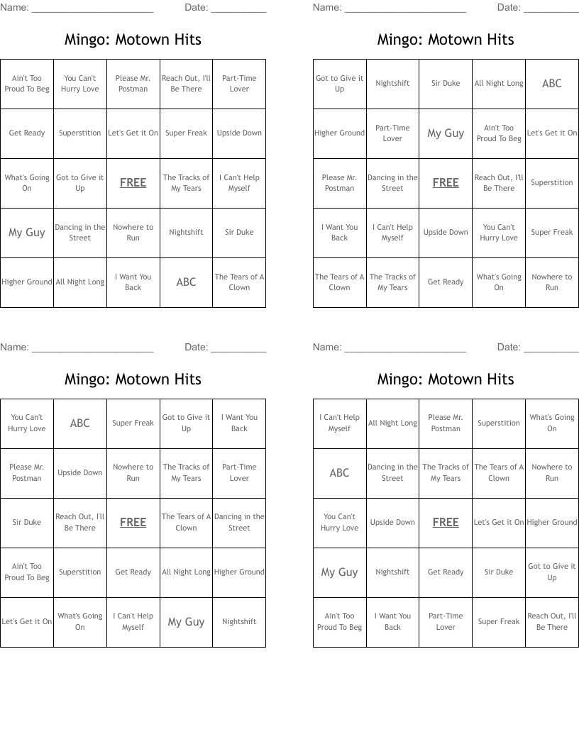 Mingo: Motown Hits Bingo Cards