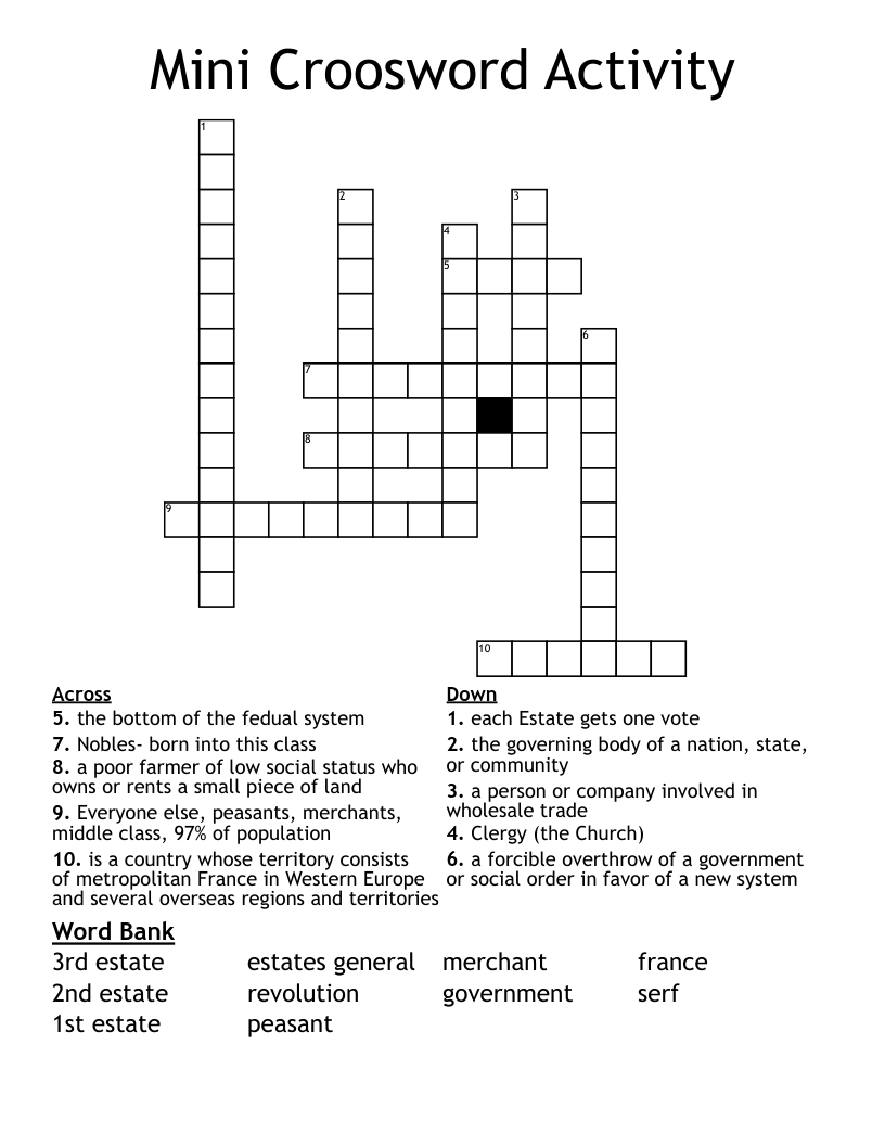 Mini Croosword Activity  Crossword
