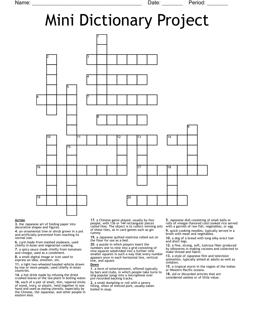 Mini Dictionary Project Crossword