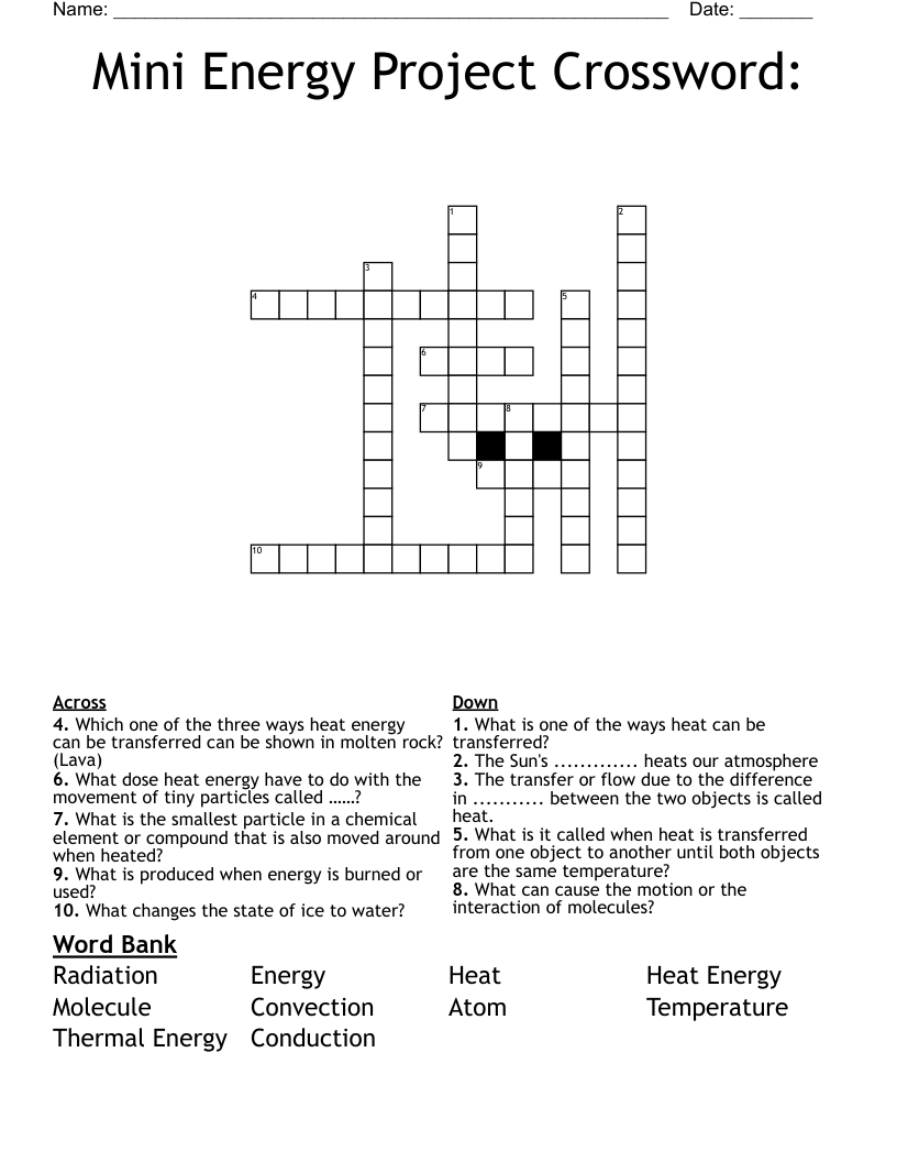 Mini Energy Project Crossword: