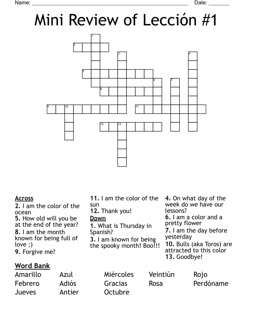 Mini Review of Lección #1 Crossword