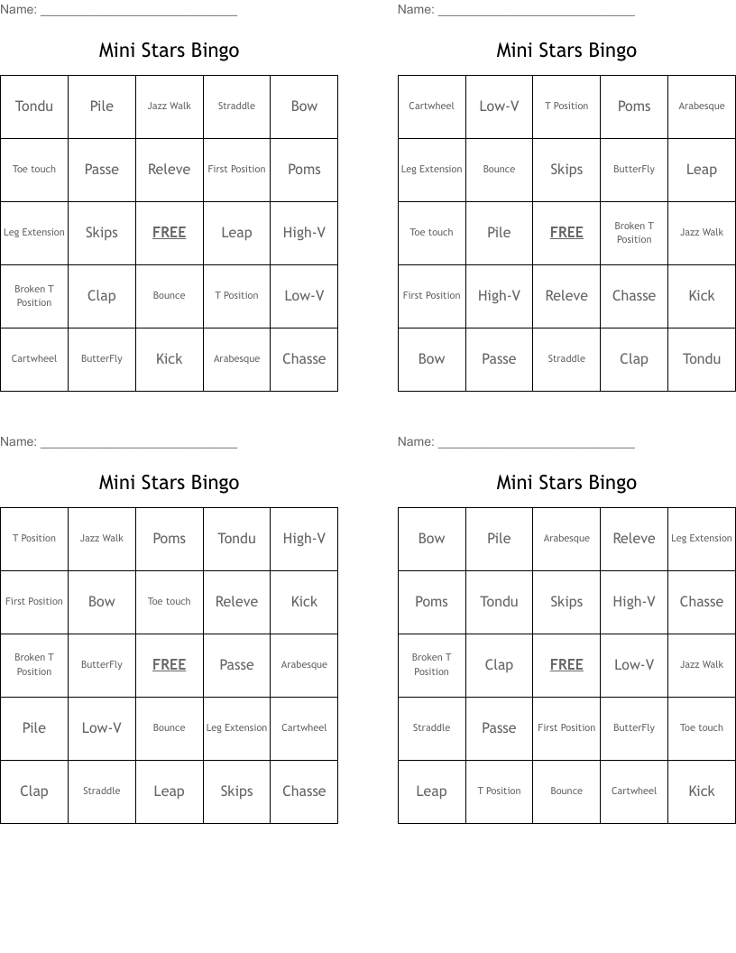 Mini Stars Bingo