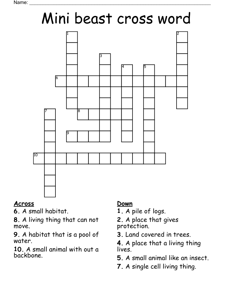 Mini beast cross word