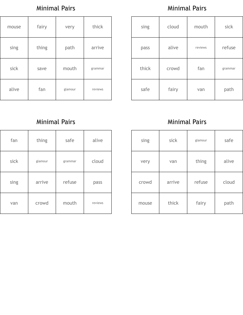 Minimal Pairs Bingo Cards