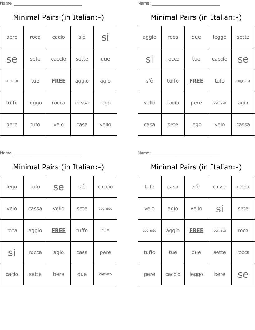 Minimal Pairs (in Italian:-) Bingo Cards