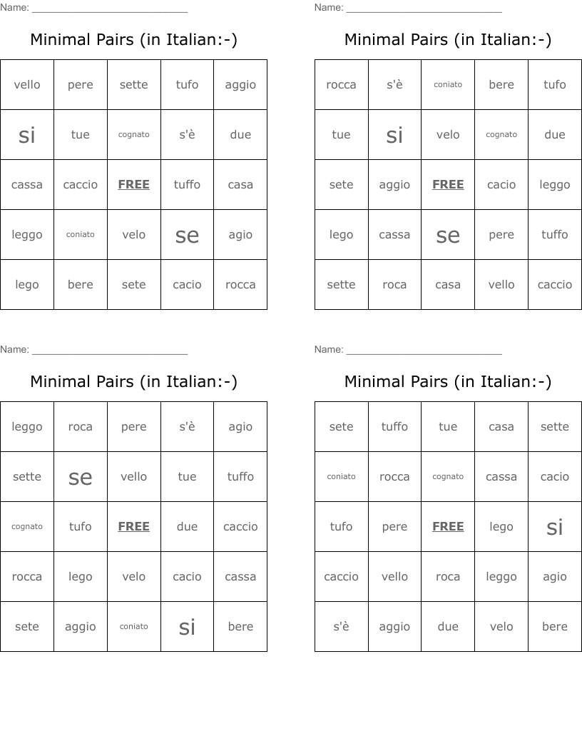 Minimal Pairs (in Italian:-) Bingo Cards