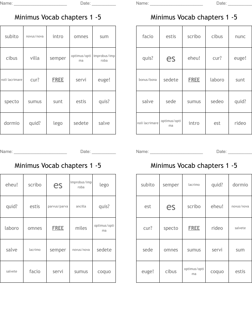 Minimus Vocab chapters 1 -5 Bingo Cards