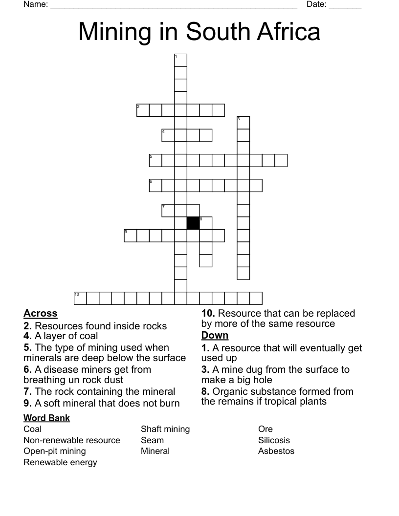 Mining in South Africa Crossword