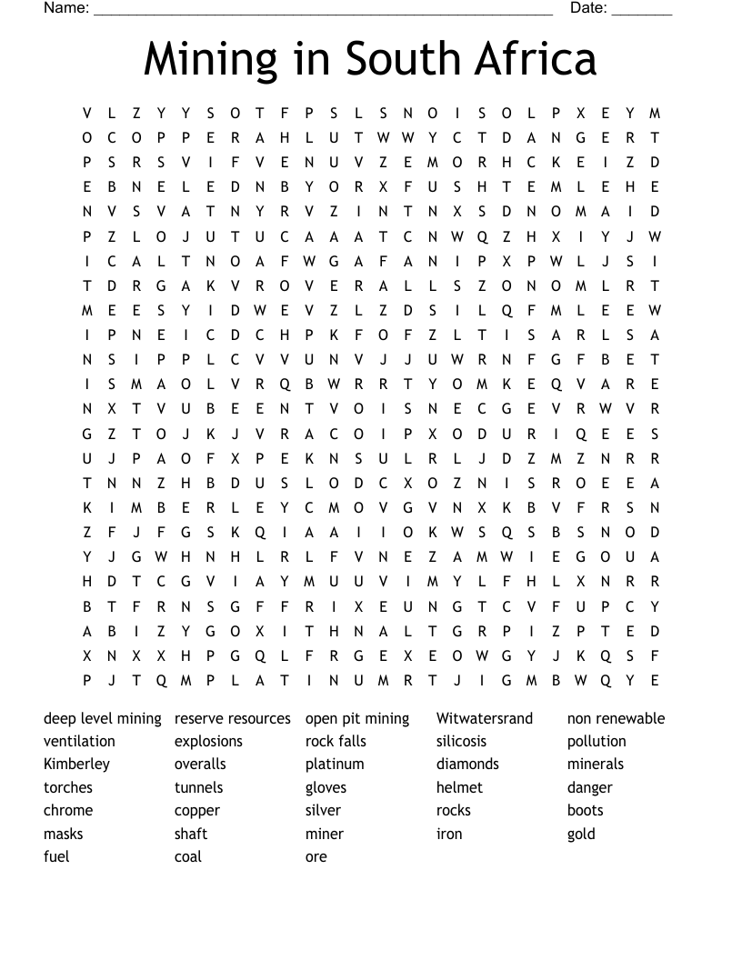Mining in South Africa Word Search