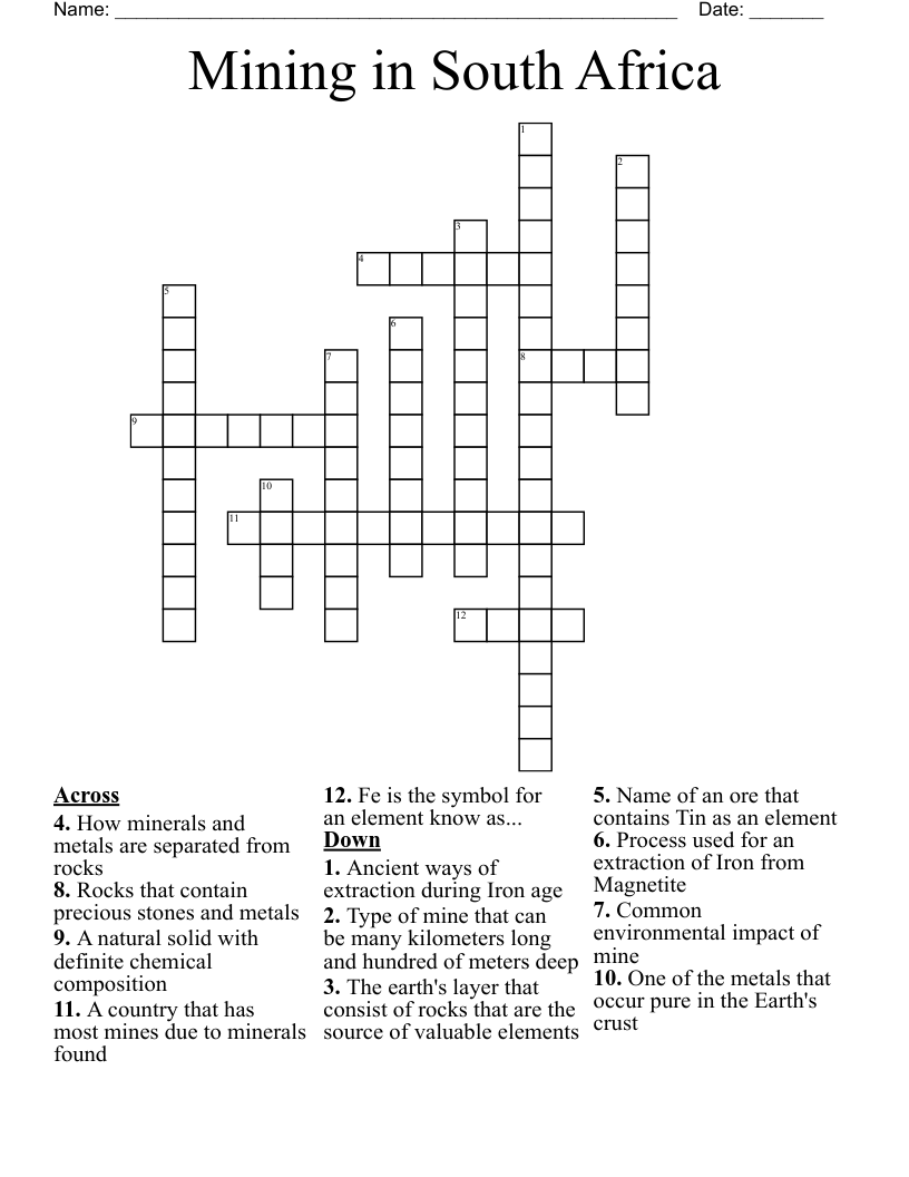 Mining in South Africa Crossword