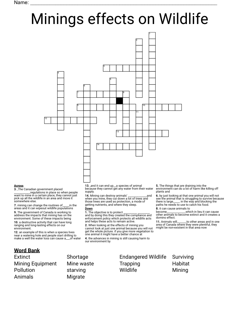 Minings effects on Wildlife Crossword
