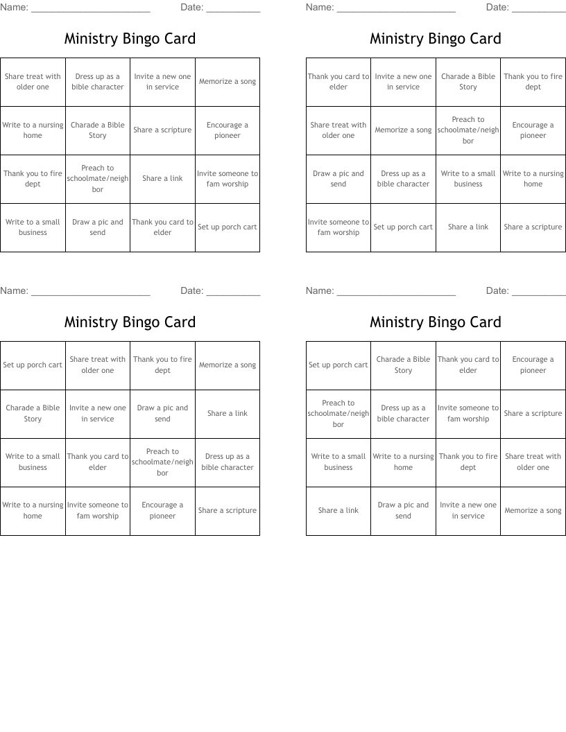 Ministry Bingo Card