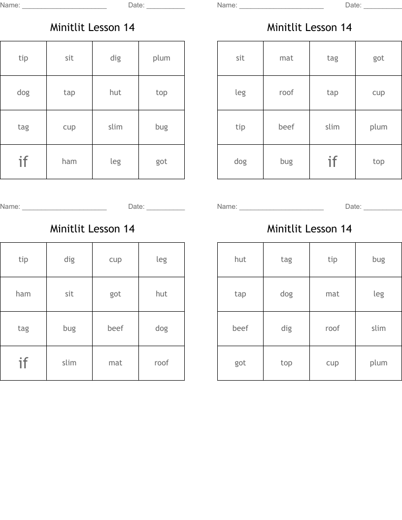 Minitlit Lesson 14 Bingo Cards