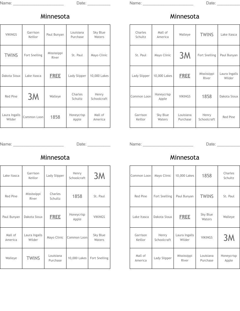 Minnesota Bingo Cards