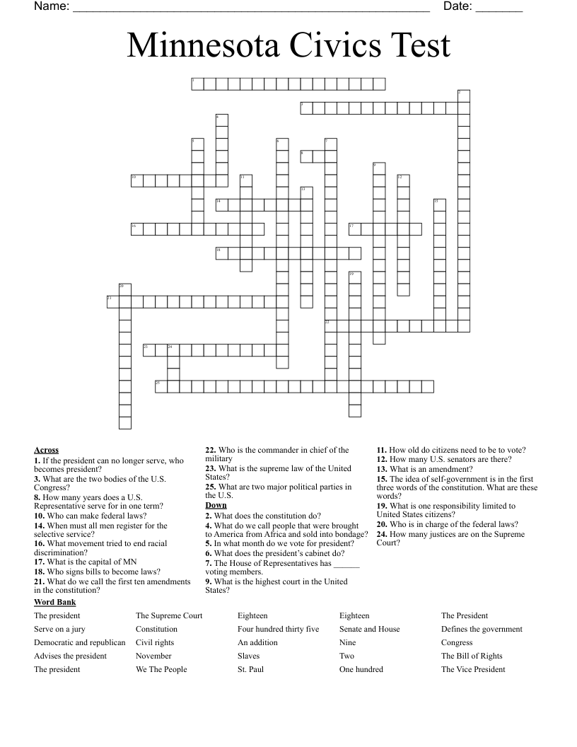 Minnesota Civics Test Crossword