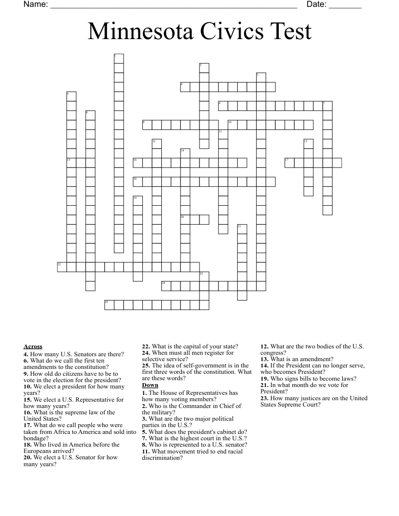 Minnesota Civics Test Crossword