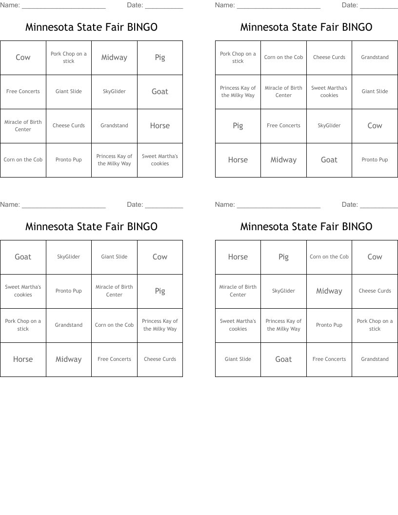 Minnesota State Fair BINGO