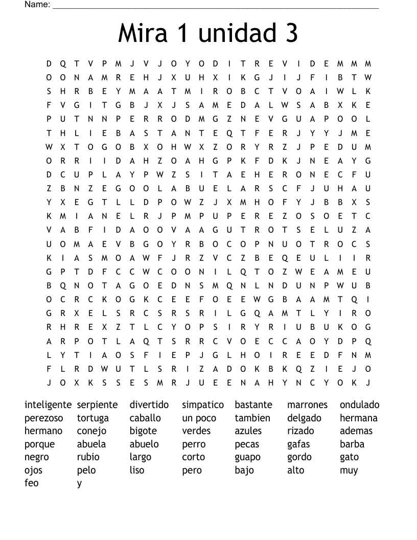 Mira 1 unidad 3 Word Search
