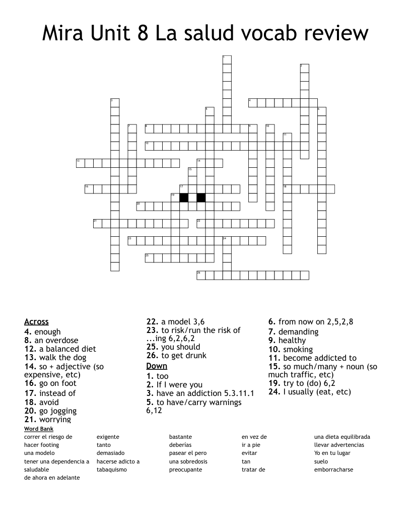 Mira Unit 8 La salud vocab review Crossword