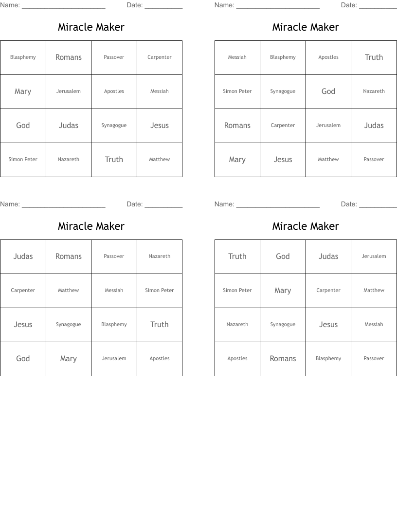 Miracle Maker Bingo Cards