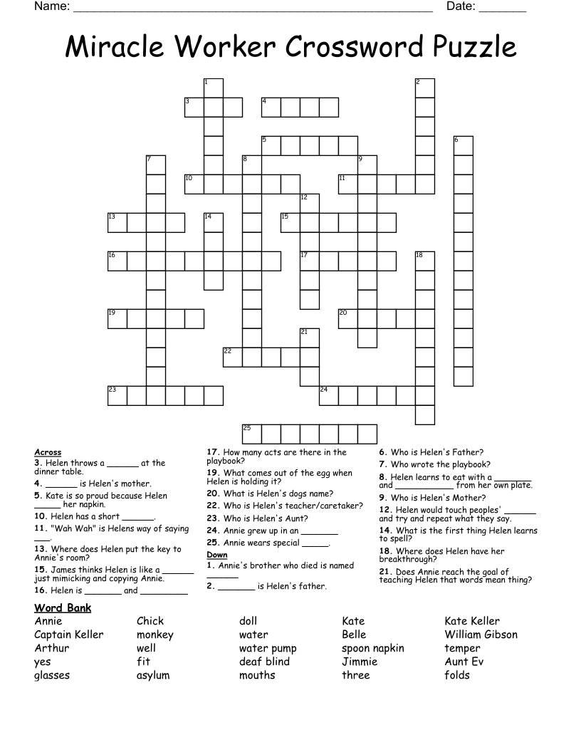 Miracle  Worker Crossword Puzzle
