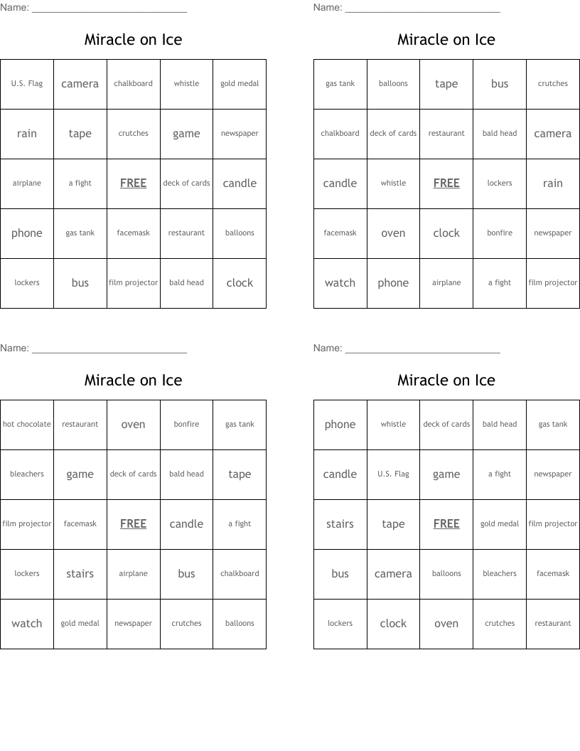 Miracle on Ice Bingo Cards