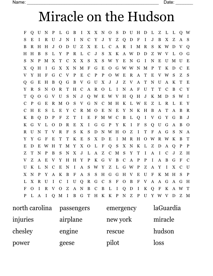 Miracle on the Hudson Word Search