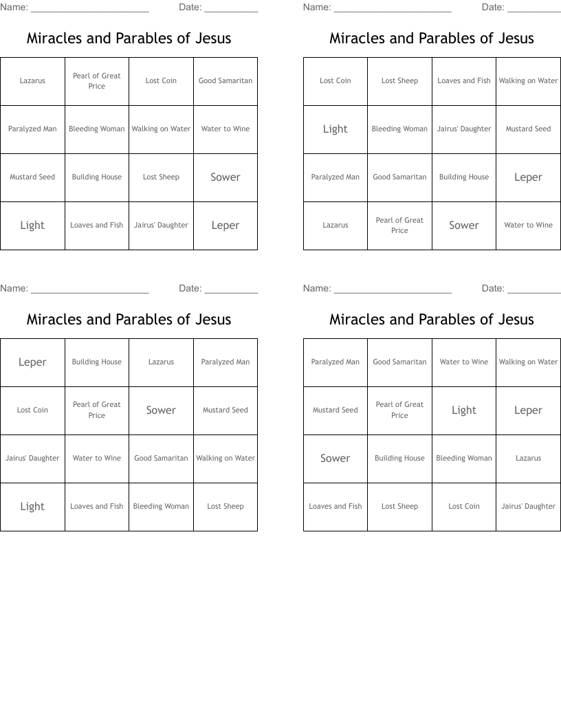 Miracles and Parables of Jesus Bingo Cards