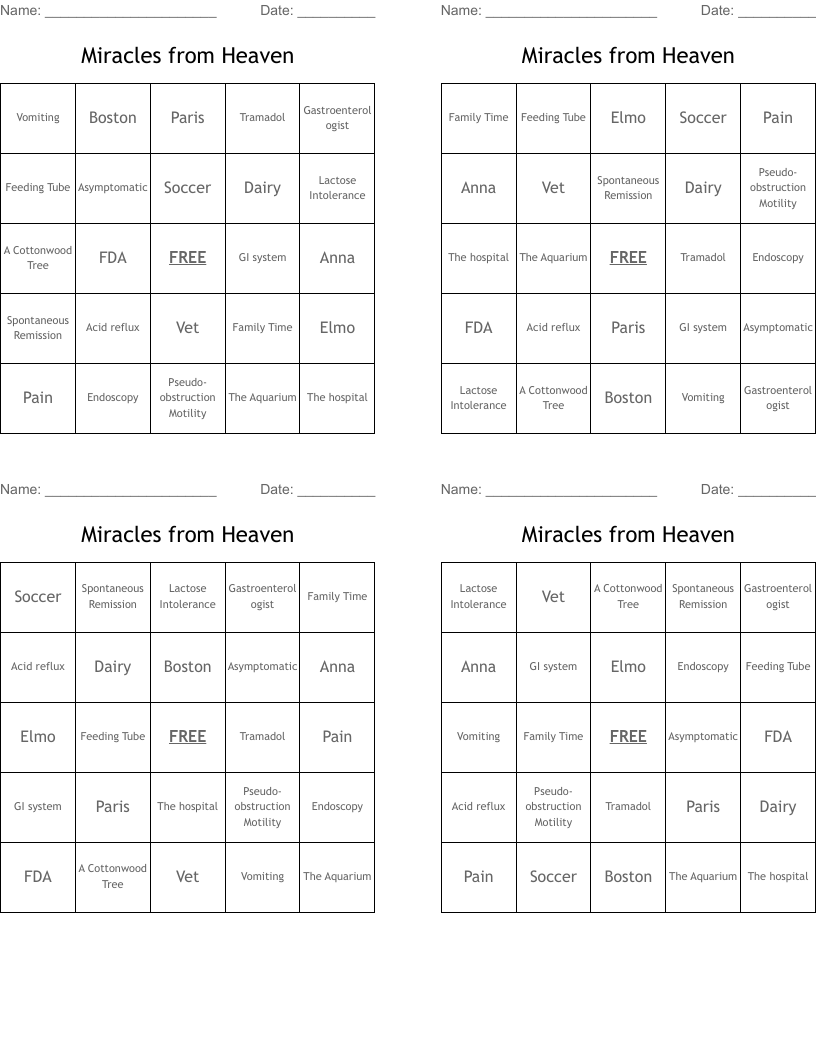Miracles from Heaven Bingo Cards